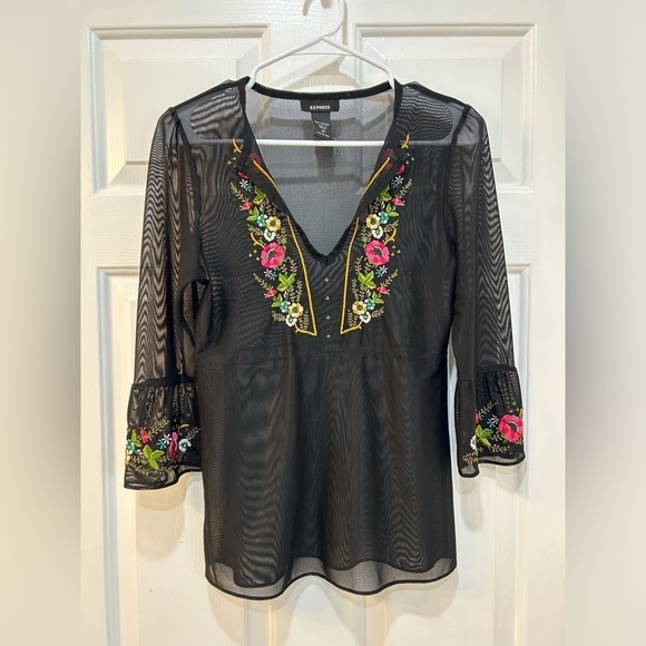 Express Tops - Women's Sheer Black V-Neck Popover Blouse Whimsigoth Floral Embroidered Size M